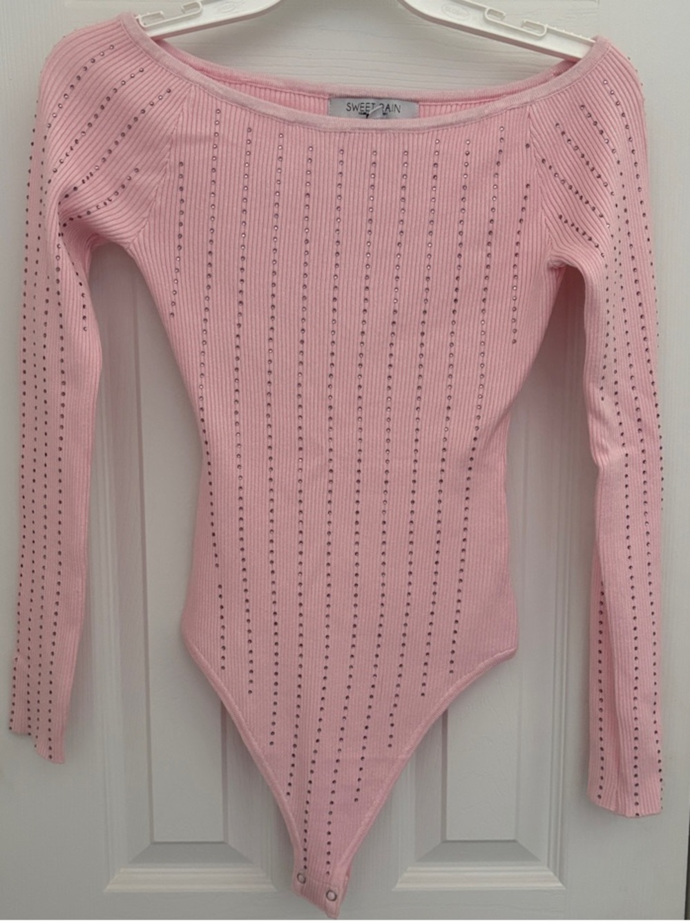 Sweet Rain Light Pink Ribbed Eyelet Off-Shoulder Sweater Bodysuit